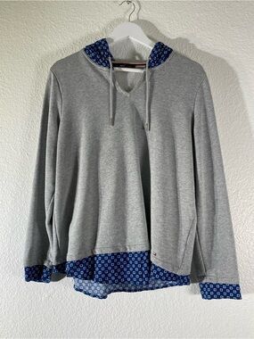 Tommy Hilfiger Gray Hoodie Sweater with Blue Patterned Trim